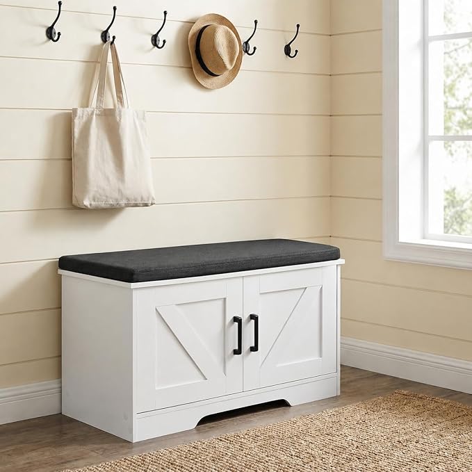 HOMSHO 2-Tier Storage Bench, 27.6" Wide Shoe Bench with Padded Seat Cushion, Entryway Bench with 2 Barn Doors and Adjustable Shelf, White