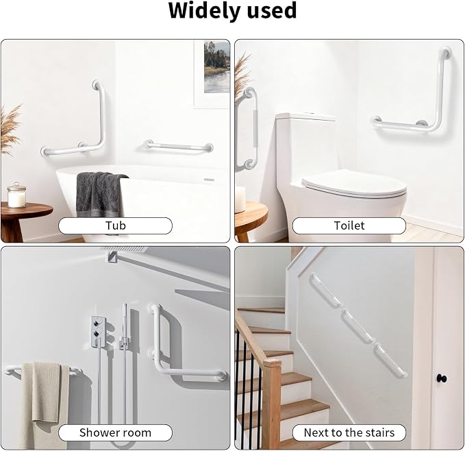 Angled Grab Bar 16x16 Inch White, Knurled L-Shaped Shower Grab Bar w/16 Inch Straight Bathtub Toilet Safety Handrail Wall Mounted, Anti Slip Balance Support Bar for Seniors Elderly Injury Handicap