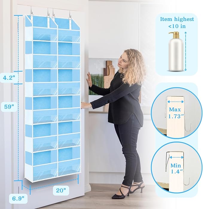 Over The Door Organizer 6 Tiers, Extra Large Behind Door Storage of 12 Compartments, 80 lbs Weight Capacity Hanging Storage Organizer with Clear Window Kids Toys,Shoes,Diapers,Room Storage,Blue