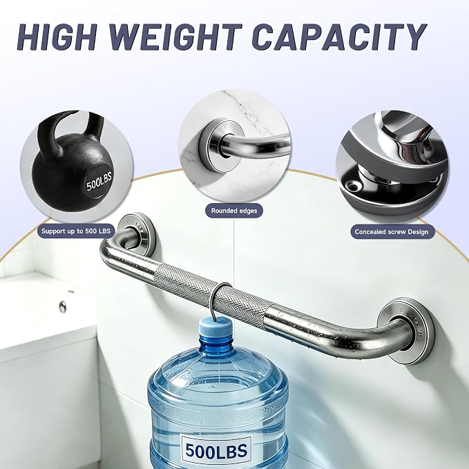 16 Inch Shower Grab Bar, Brushed Nickel Anti Slip Safety Bars, 304 Stainless Steel Bathroom Handrail, Handicap Grab Bars for Wall, Shower Grip Handle for Seniors Elderly Injury Assist Bath (1.25" Dia)