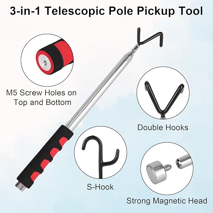 Telescoping Pickup Tool Magnetic Pole with 2 Hooks & Magnet, 300cm/10ft Extendable Push Pull Rod Grabber Wire Reacher Disc Golf Retriever for Hard-to-Reach Areas
