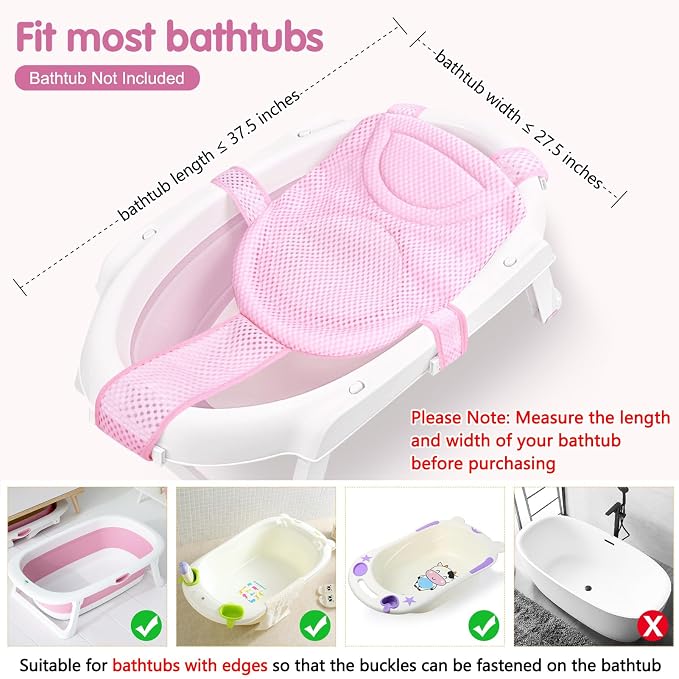 Colorlife Baby Bath Seat Support Net Infant Bathing Seat Support Mat, Adjustable Comfortable Non-Slip Five-Pointed Baby Shower Net Bathtub Sit Up Mesh for Newborn 0-12 Months-Light Pink(No Bathtub)