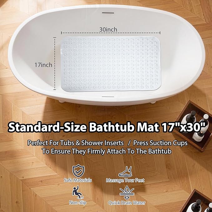 Clear Bathtub Mat Shower Mat Non Slip 17x30 Inch Standard Size, Soft Bubble Bath Tub Mat Shower Mats for Inside Shower Bathroom Floor Mat with Big Suction Cups & Drain Holes, BPA-Free