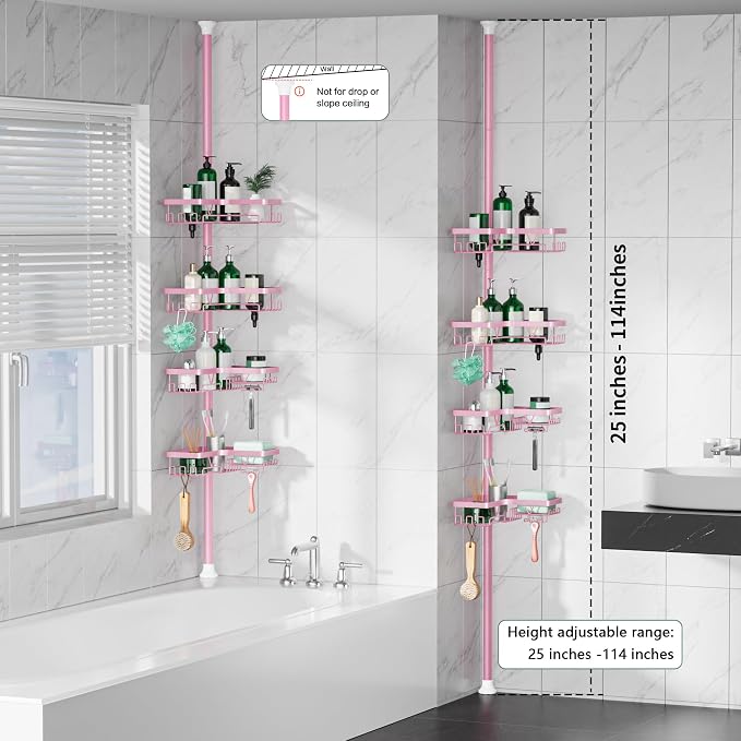 DAOYA Corner Shower Caddy Tension Pole - Pink - Rustproof Adjustable Bathroom Organizer Shelf for Shampoo, 25–114.2 Inch Shower Rack for Renters, Apartments