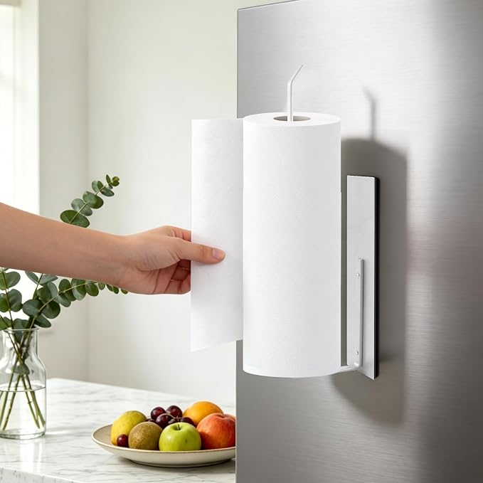 Paper Towel Holder Magnetic, Magnetic Paper Towel Holder for Fridge, Toilet Paper Roll Holder Magnet Towel Rack Wall Mount Shelf Bar for Towels Rolls Bathroom RV Dorm Kitchen Wall Decor, White 2 Pack