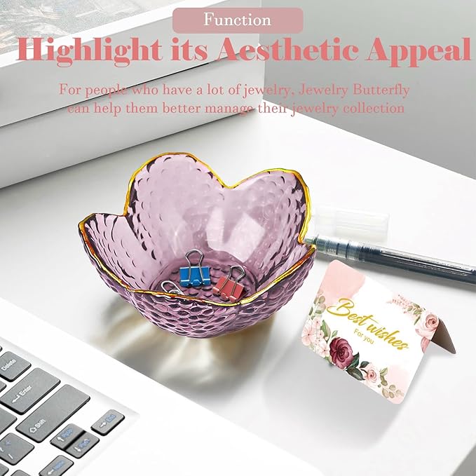 Purple Flower Jewelry Dish Glass Ring Holder Dish Jewelry Tray Cute Vanity Organizer Aesthetic Nightstand Bathroom Room Decor Trinket Dish Mothers Day Friendship Christmas Birthday Gifts for Women