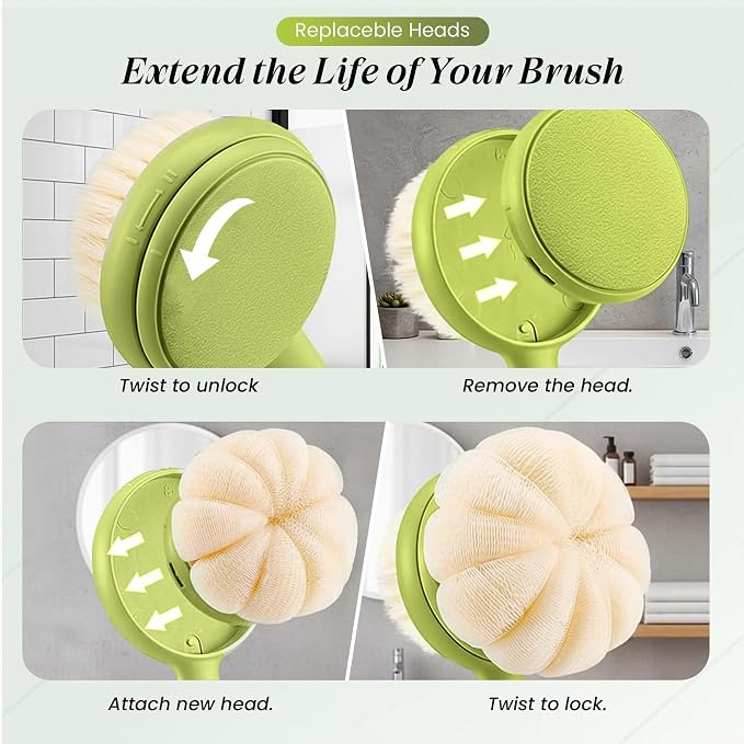 Back Scrubber for Shower with Long Handle (15.7”) – Dual-Sided Bath Brush with Loofah Sponge, Replaceable Heads, Easy Reach for Back & Body, Includes 2 Wall Hooks