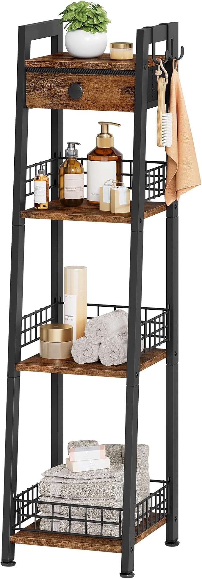 Gewudraw 4-Tier Narrow Ladder Shelf with Drawer, Bathroom Table Stand for Small Space, Narrow Bathroom Standing Shelves with Storage for Living Room Bedroom Kitchen, Organizer Shelf, Rustic Brown