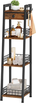 Gewudraw 4-Tier Narrow Ladder Shelf with Drawer, Bathroom Table Stand for Small Space, Narrow Bathroom Standing Shelves with Storage for Living Room Bedroom Kitchen, Organizer Shelf, Rustic Brown