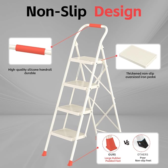 Step Ladder Foldable Folding Stool - for Home Adults Kitchen 4 Stepping Extension Tall Heavy Duty with Handrails - Closet Stepstool Stair Ladders Extendable Stepladder for Indoor House 600Lbs