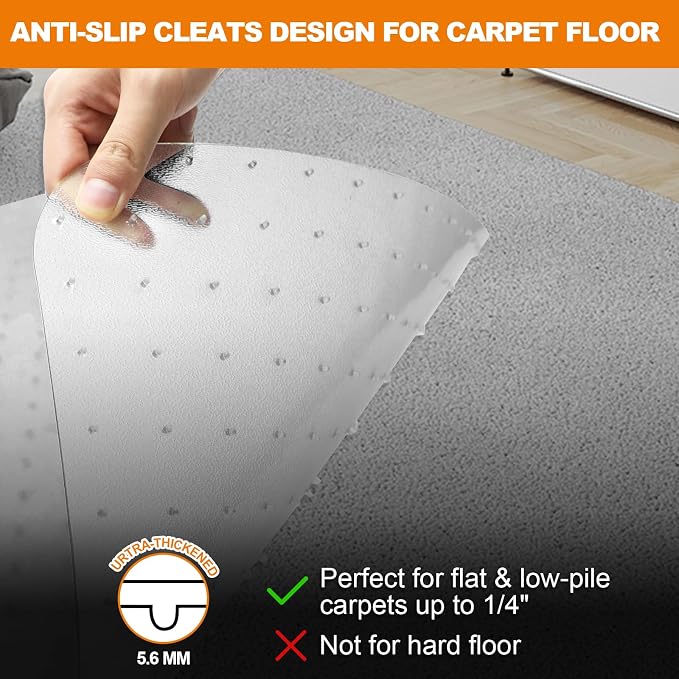 Chair Mat for Carpet- Low Pile (1/4" Thick) Carpet Protector for Office Gaming Computer Desk Chair. Heavy Duty Desk Chair Mat for Carpeted Floors, Semi Transparent (with Lip (Thickened)