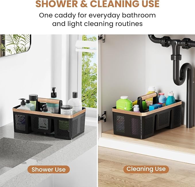 BYUNER Plastic Shower Caddy Dorm: Portable Hard Shower Basket with Handle, 4 Divided Compartments, All-Side Drainage, Bathroom & Cleaning Caddy for College Dorm Room Essentials, Black/wood grain