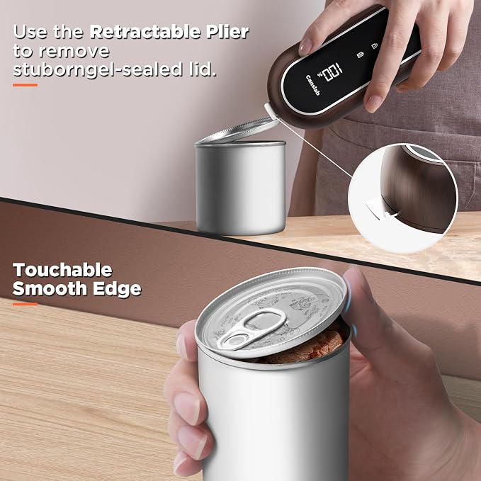 Canslab Turbo - Auto Shut Off Rechargeable Electric Can Openers - LED Battery Display USB Automatic Can Openerfor Kitchen for Seniors with Arthritis - One Touch Side Cut Can Opener Smooth Edge, Wood