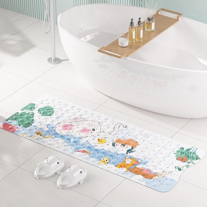 AmazerBath Baby Bath Mat Non Slip, Cartoon Kids Bath Mat for Tub 40 x 16 Inches Full Size, Non Slip Bathtub Mat with Suction Cups and Drain Holes, Shower Stall Mats - Elephant