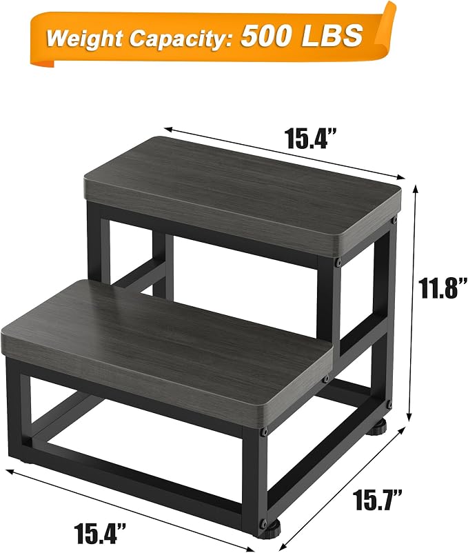 2 Step Wooden Step Stools for Adults Kids, Heavy Duty Stepping Stools Wooden Bed Step Stools for High Beds, Non-Slip 2 Bedside Foot Stool with 500 Lbs Capacity, Kitchen, Bed, RVS Step, Gray