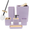 CERBIOR Bathroom Accessories Set 6 Piece Bamboo Bath Ensemble Includes Soap Dispenser, Toothbrush Holder, Toothbrush Cup, Soap Dish for Decorative Countertop and Housewarming Gift (Purple)