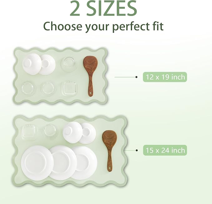 Scalloped Dish Drying Mat for Kitchen Counter, Absorbent Easy Clean Non-slip Coffee Bar Station Accessories, Trendy Cute Aesthetic Modern Drainer Kitchen Drying Mat, Sage Green 15" x 24"