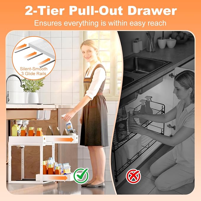 Upgrade 1 Pack Expandable Under Sink Organizers and Storage, 2 Tier Metal Pull Out Cabinet Organizer with 3 Slide Rails, Adjustable Height Slide Out Under Sink Drawers for Kitchen Bathroom Pantry