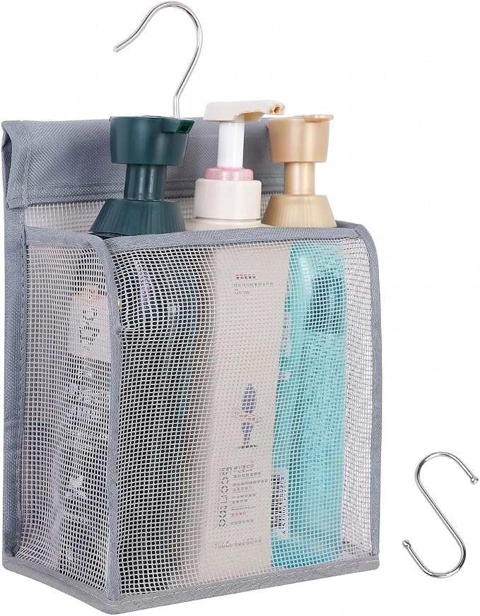 ALYER Hanging Mesh Shower Caddy Organizer Bathroom Storage Bag with Hooks for College Dorm, Gym, Swimming,RV and Travel,Gray