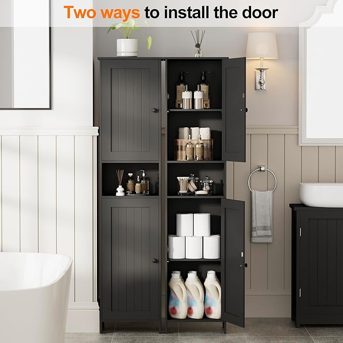 Homleke Tall Bathroom Storage Cabinet with 2 Doors, 67"H Narrow Storage Cabinet with Adjustable Shelves& Anti-Tip Design, Reversible Door Installation, Easy Assembly, 11.8 x 15.7 x 66.9 Inches, Black