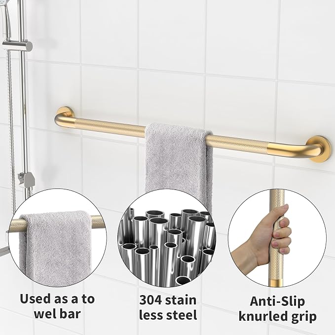 36 Inch Brushed Gold Grab Bars for Shower with Anti-Slip Knurled Grip,YuanDe Stainless Steel Bathroom Grab Bars, Shower Handrail Support, Handicap Elderly Balance Assist Handles