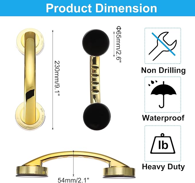 uxcell Grab Bars for Bathtubs and Showers, 9.1" Mirror Glass Door and Window Handles Powerful Shower Suction Cup Anti-Slip Safety Bars for Senior Shower Chairs Gold