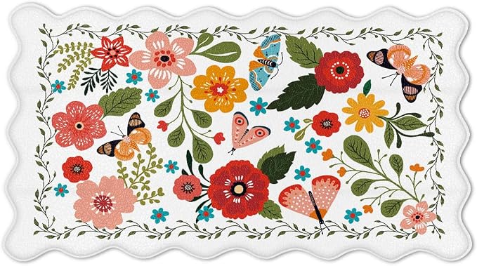 Arenarug Scalloped Kitchen Mats for Floor Cushioned Anti Fatigue Kitchen Mats Rugs Waterproof Non Slip Farmhouse Boho Floral Comfort Foam Standing Mat for Sink Laundry, White, 17.3x30