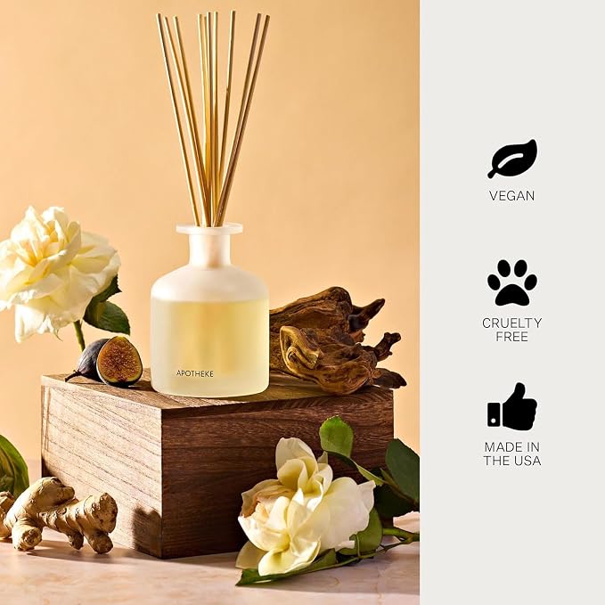 Apotheke Luxury Scented Reed Diffuser for Home, Cedarwood Ginger - 6.7 Fl Oz Essential Oil Aromatherapy - 10 Rattan Scent Sticks Room Diffuser - Long-Lasting Fragrance for Bedroom, Home, Bathroom