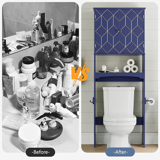 Gold Trim Over The Toilet Storage Cabinet, Double Doors Over Toilet Bathroom Organizer with Adjustable Shelves and Toilet Paper Holder, Modern Over Toilet Storage Cabinet for Bathroom (Blue)