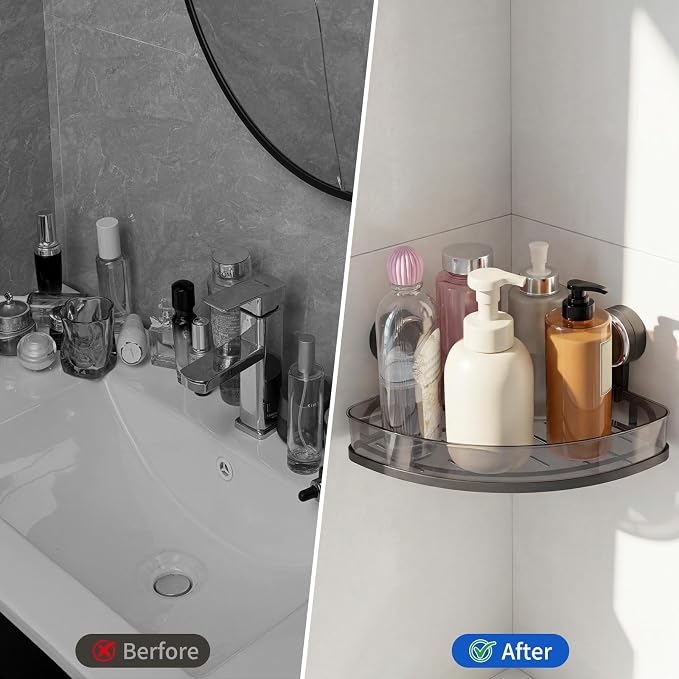 Suction Cup Corner Shower Caddy, Shower Caddy Basket with Powerful Suction for Bathroom, Waterproof & Rustproof Organizer for Bathroom Storage, No-Drilling Removable - 1 Pack