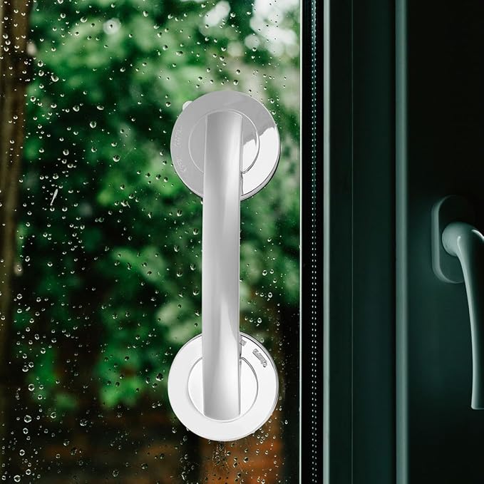 SHOWERORO 2pcs Silver Suction Cup Grab Bars for Bathroom Safety – Adhesive Stainless Steel Handles with Strong Hold, No Drilling Required, Removable Suction Handles for Shower and Glass