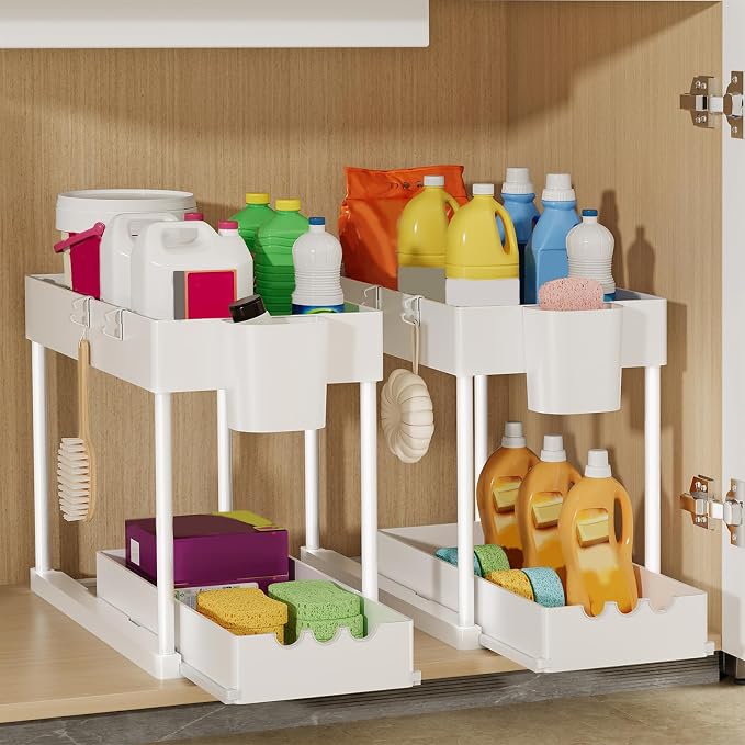 2 Pack Under Sink Organizers and Storage, 2-Tier Sliding Cabinet Organizer Drawer for Bathroom and Kitchen – Multi-Purpose Cabinet Organizer with Easy Pull-Out Design (White)