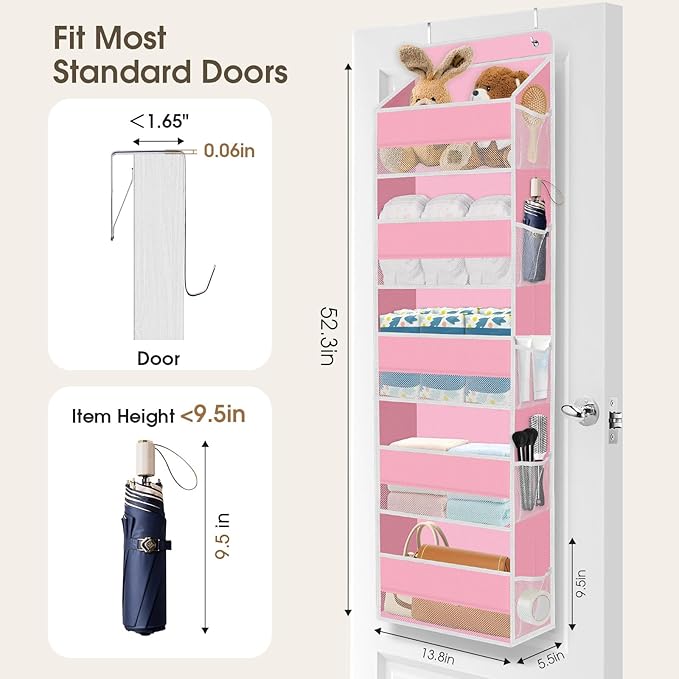 SpaceHacks 2 Pack Over The Door Organizer Hanging Storage Organizers with Clear Window 40lb Large Capacity Room Organizer for Pantry Laundry Bathroom Nursery Closet(Pink)