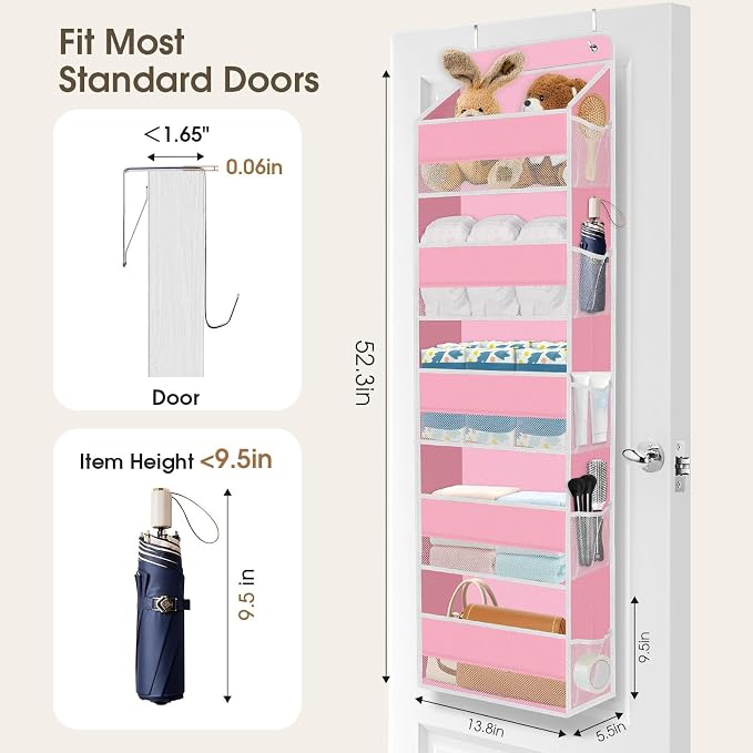 SpaceHacks 5-Tier Over The Door Organizer Hanging Storage Organizers with Clear Window 40lb Large Capacity Room Organizer for Pantry Bathroom Nursery Closet(Pink)