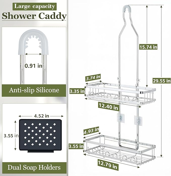 Skyapex Shower Caddy Hanging: Adjustable Height, Rustproof Shelves with Hooks, 2 Soap Holders - Silver Shower Organizer Over Showerhead