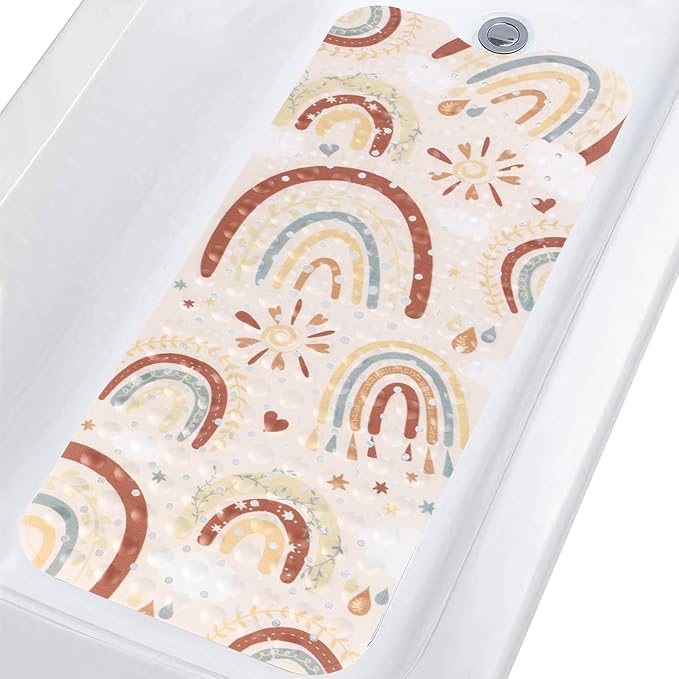 Topotdor Baby Bathtub Mat Non Slip for Kids, 40 X 16 Inch Cute Cartoon Bath Tub Shower Mat Anti Slip with Suction Cups & Drain Holes, Boho Rainbow