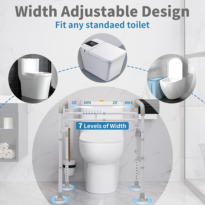Toilet Safety Rails (300 LB) – Adjustable, Foldable Toilet Handle Frame for Elderly & Disabled Adults, Supports All Toilet Types with Storage Bag