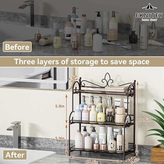EKNITEY Bathroom Organizer Shelf Countertop - Kitchen Counter Organizer 3 Tier Bathroom Counter Shelves for Makeup Vanity Organizer Brown (No Assembly)