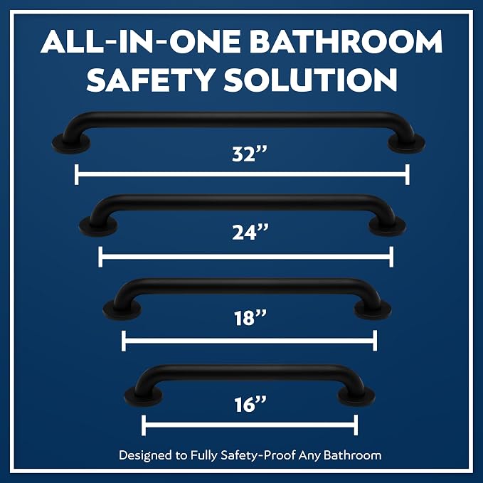 Shower Grab Bars 4 Pack – Complete Bathroom Safety Starter Bundle for Seniors – 16", 18", 24", 32" Lengths, 1.25" Diameter, 500 lb Rated – All-in-One Grab Bar Shower Safety Solution – Matte Black