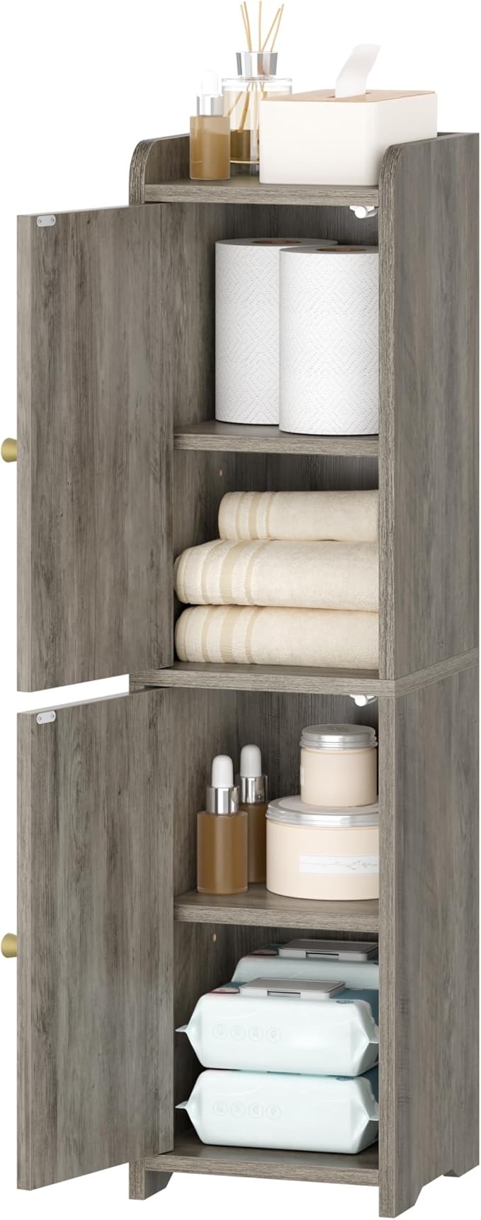 Hzuaneri Bathroom Storage Cabinet, Small Corner Floor Cabinet with 2 Doors and Adjustable Shelf, Narrow Toilet Paper Cabinets, Bathroom Organizer for Small Spaces, 7.9" D x 7.9" W x 29.5" H Greige