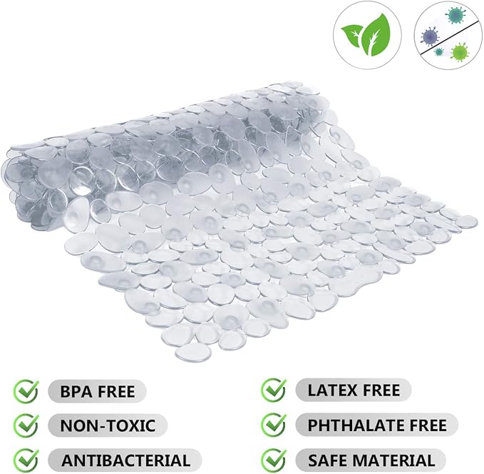 WELTRXE Non Slip Bath Mat Pebbles Bathtub Mat with Suction Cups, Drain Holes for Bathroom Showers, Tub, 35 x 16 Inches Machine Washable Bathroom Mats BPA, Latex Free Safe Shower Mats - Clear