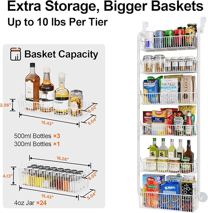 Delamu Large Over the Door Pantry Organizer, 6-Tier Metal Pantry Door Organization and Storage for Easy Install, Hanging Spice Rack Seasoning Shelves for Cabinet & Kitchen, D6.7xW17.5xH53.7 in, White