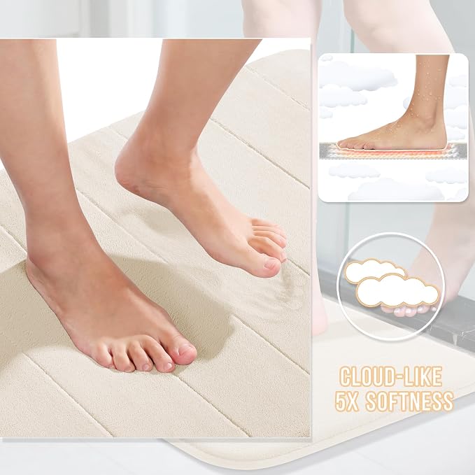 Yimobra 3 Pieces Memory Foam Bath Mat Set with U-Shaped Toilet Rug - Non Slip Super Soft Absorbent Quick Dry Bathroom Rugs for Bathtub, Vanity & Toilet Base, Cream White