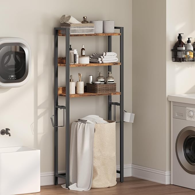 MAHANCRIS Over The Toilet Storage Rack, 3 Tier Bathroom Organizer Over Toilet, Freestanding Space Saver Toilet Stand with 2 Hooks, Bathroom Storage Shelf, Easy to Assemble, Rustic Brown TSHR6001