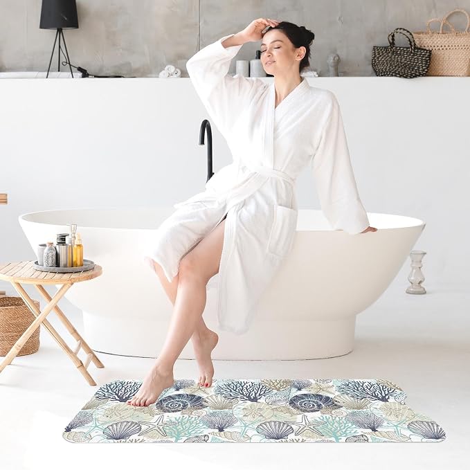 Cute Seashells Sea Shell Bath Mat Non Slip, Ocean Starfish Beach 40X16 Inch Extra Long Bathtub Shower Mat for Tub Anti Slip with Suction Cups and Drain Holes for Kid Adult Elderly