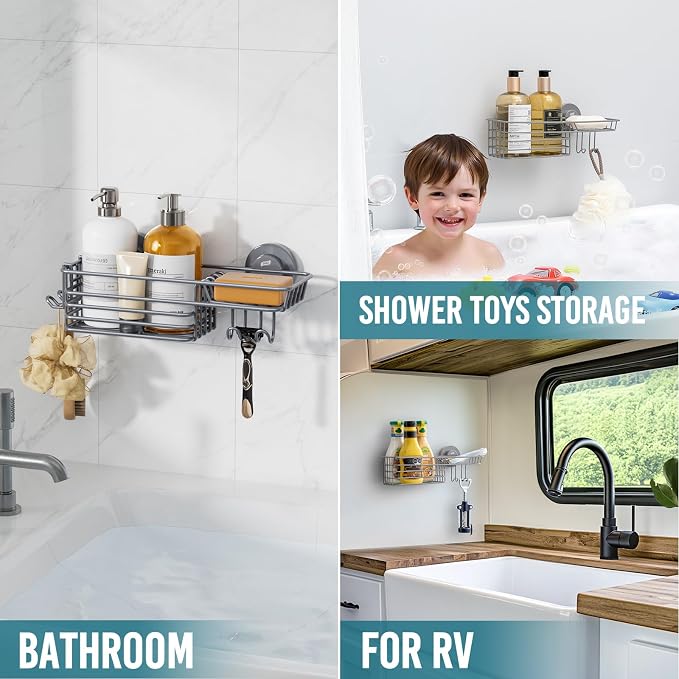 TAILI Shower Caddy Suction Cup with Hooks & Soap Holder, Heavy Duty Bathroom Shower Organizer, No Drilling Shower Shelves for Inside Bathroom, Metal Storage Holder-Grey