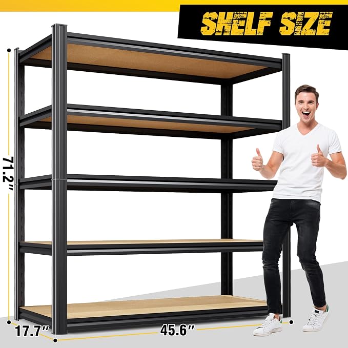 4-Pack Heavy Duty Garage Shelving for Garage, Warehouse & Workshop Organization, 71" H x 45.6" W x 17.7" D 5-Tier Adjustable Metal Storage Rack for Tools, Storage Bins & Bulk Items