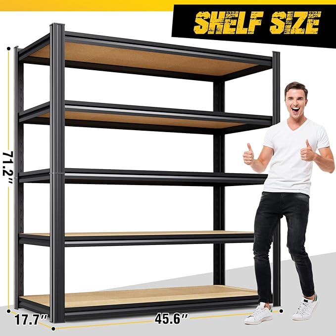 5-Pack Heavy Duty Garage Shelving for Garage, Warehouse & Workshop Organization, 71" H x 45.6" W x 17.7" D 5-Tier Adjustable Metal Storage Rack for Tools, Storage Bins & Bulk Items