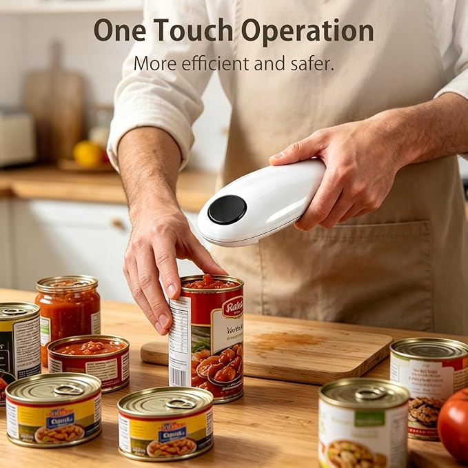 Electric Can Opener, Handheld One-touch Automatic Can opener, Smooth Edge Kitchen Gadget Can Openers Electric for Seniors with Arthritis White