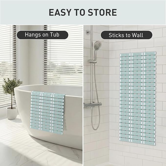 XIYUNTE Shower Mat Non Slip Bath Mat for Tub - 36 x 16 Inch Bathtub Mat Non Slip Shower Mats for Inside Shower, TPE Bath Mat with Suction Cups and Drain Holes, Easy to Cut, Green